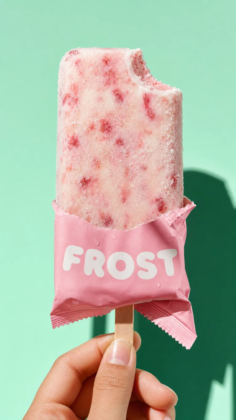 A hand holding up a bitten strawberry ice pop on a mint backdrop