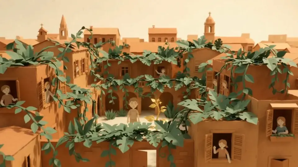 A paper city grows green rooftops in a video made with Storybook